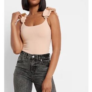 Express Ruched Puff Strap Scoop Neck Thong Bodysuit